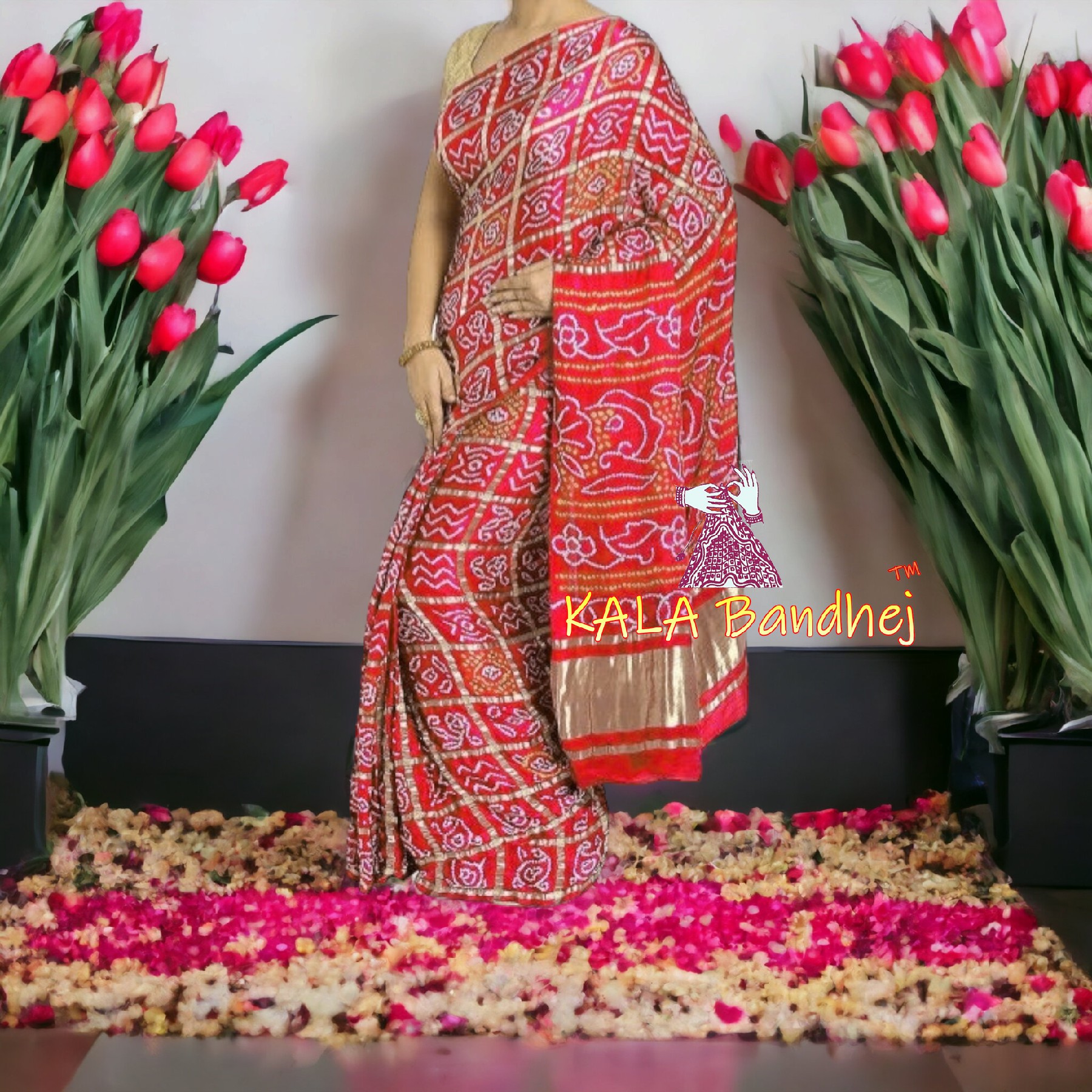 Tam Red Gajisilk Bandhani Gharchola Saree Bandhani Kala Bandhej