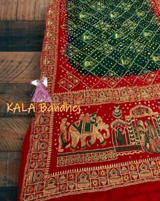 Red Green Bandhani Saree Embroidery Work Gaji Silk