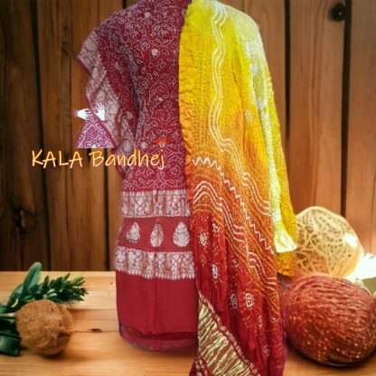 Red Bandhani Banarasi Dress Material Pure Georgette Silk Banarasi Bandhani Dress
