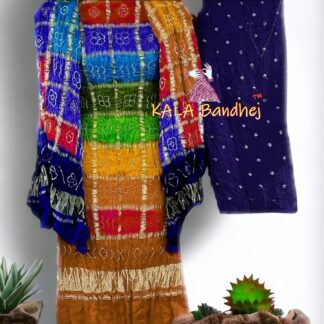 Rust Blue Bandhani Multi Color Gharchola Dress Material Pure GajiSilk