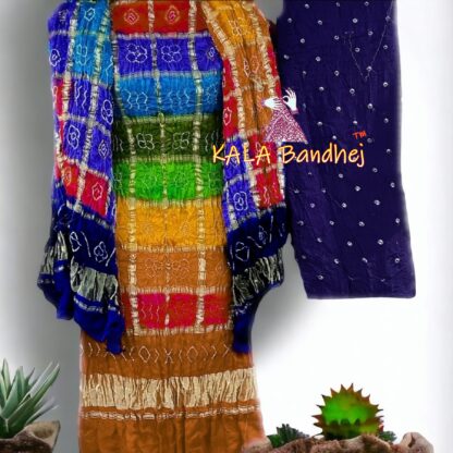 Rust Blue Bandhani Multi Color Gharchola Dress Material Pure GajiSilk Bandhani Dress Material