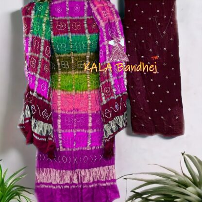 Magenta Marron Bandhani Multi Color Gharchola Dress Material Pure GajiSilk Bandhani Dress Material