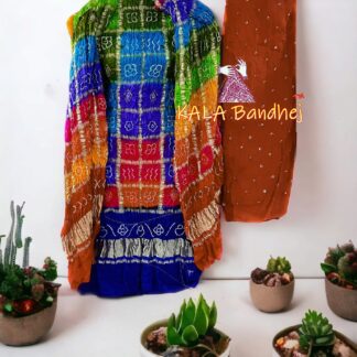 Blue Rust Bandhani Multi Color Gharchola Dress Material Pure GajiSilk Bandhani Dress Material