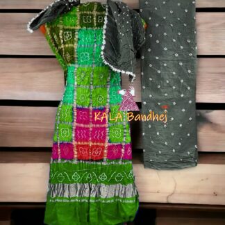 Parrot Grey Bandhani Gharchola Dress Material Pure GajiSilk