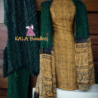 Haldi Ajrak Green Bandhani Gaji Silk Dress Material