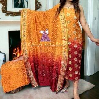 Golden Pure Silk Bandhani Banarasi Dress Material