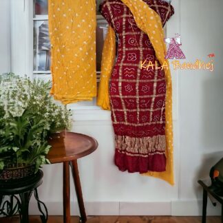Marron Golden Bandhani Gharchola Dress Material Pure GajiSilk