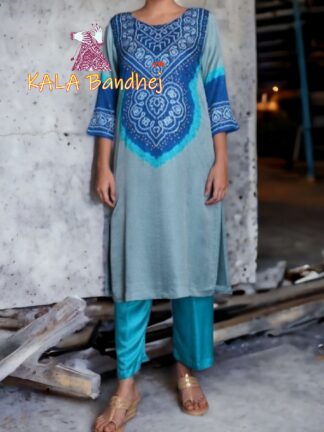 T Blue Abha Pure Gaji Silk Bandhani Suit Designer