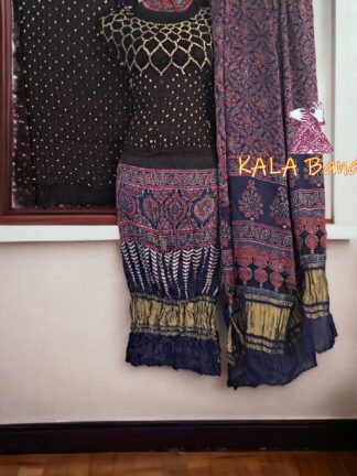 Blue Ajrak Black Bandhani Gaji Silk Dress Material