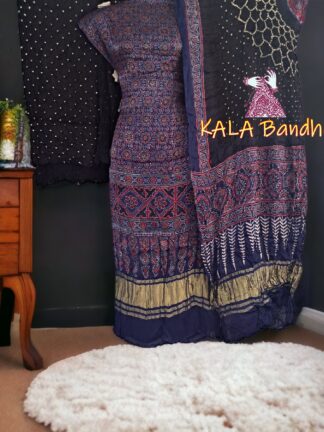 Blue Ajrak Black Bandhani Gaji Silk Dress Material 02