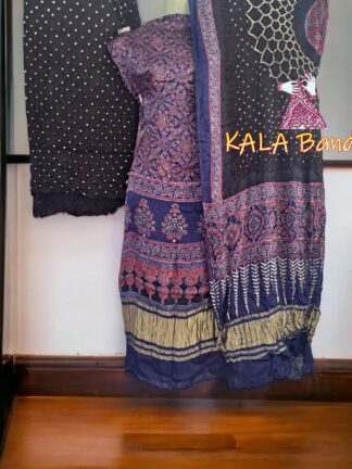 Blue Ajrak Black Bandhani Gaji Silk Dress Material 03
