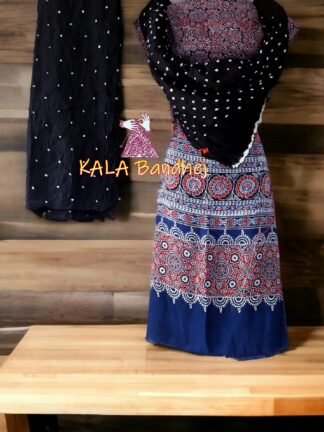 Blue Ajrak Black Bandhani Gaji Silk Dress Material