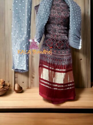 Ajrak Silver Aqua Bandhani Gaji Silk Dress Material