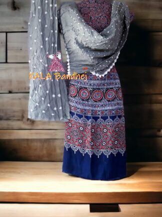 Blue Ajrak Silver Bandhani Gaji Silk Dress Material