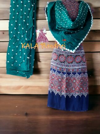 Blue Ajrak Rama Bandhani Gaji Silk Dress Material
