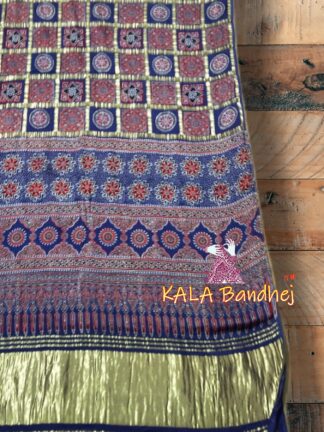 Blue Ajrak HandBlock Saree Gaji Silk Gharchola