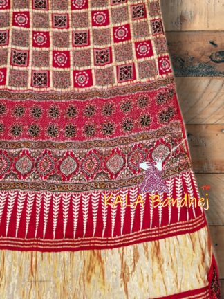 Red Ajrak HandBlock Saree Gaji Silk Gharchola