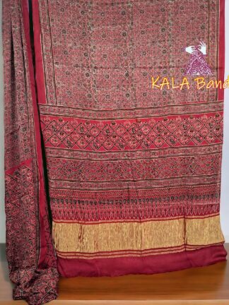 Ajrak Saree Pure Modal Silk Hand Block Natural Gold Boder 01