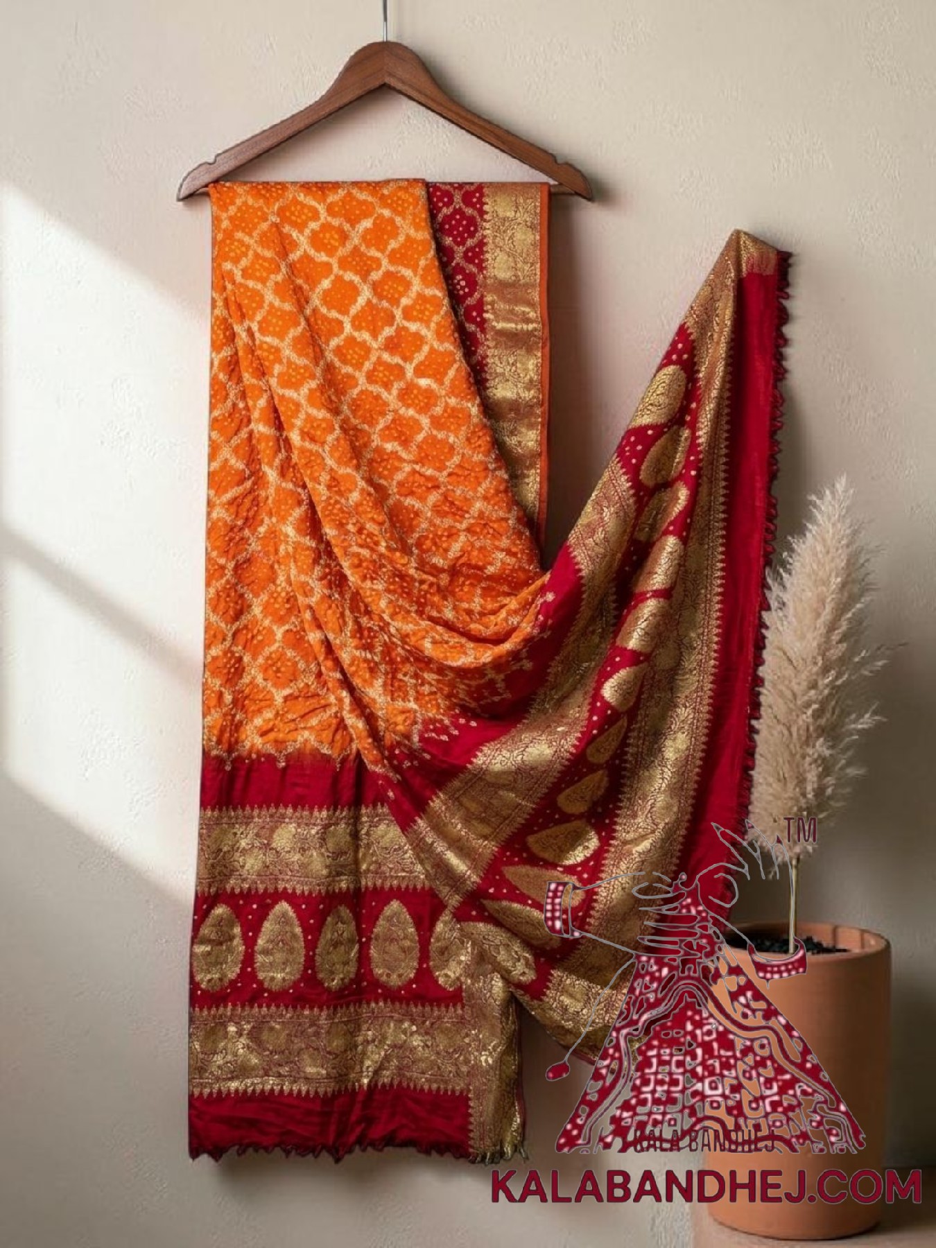 Red Orange Bandhani Banarasi Dupatta Georgette Silk
