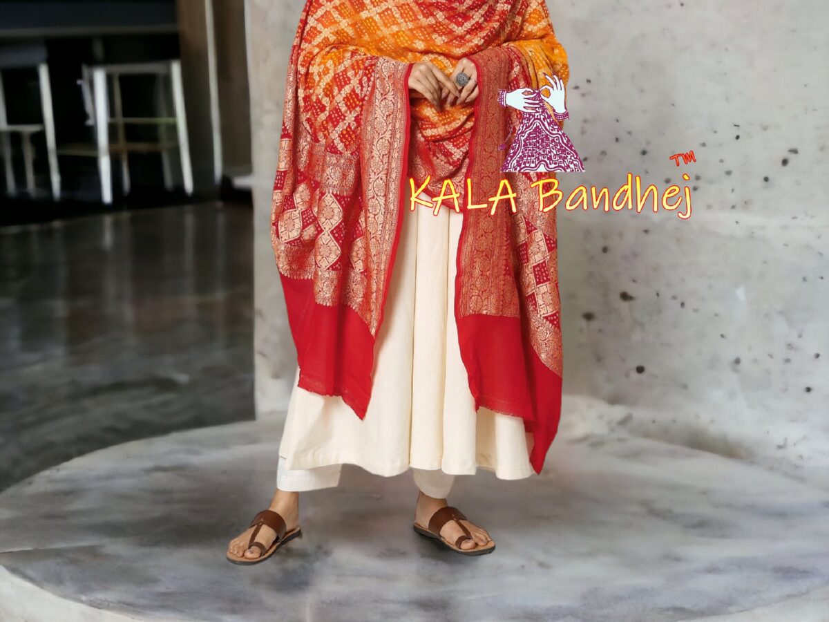 Red Orange Bandhani Banarasi Dupatta Pure Georgette Silk Bandhani KaLa Bandhej