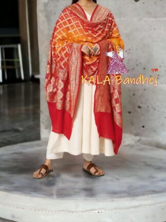 Red Orange Bandhani Banarasi Dupatta Pure Georgette Silk