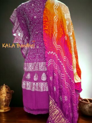 Magenta Bandhani Banarasi Dress Material Pure Georgette Silk