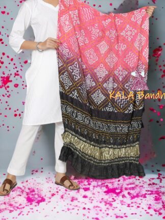 Light Pink Black BavanBarg Bandhani Dupatta Pure Gaji Silk