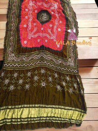 Khaki Red Bandhani Dupatta Pure GajiSilk Chandrakhani