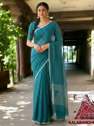 T Blue Cotton Satin Bandhani Saree