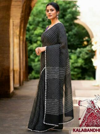 Black Cotton Satin Bandhani Saree