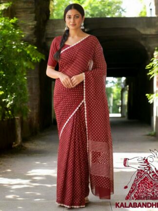 Marron Pure Cotton Bandhani Saree