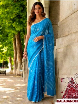 Sky Cotton Satin Bandhani Saree