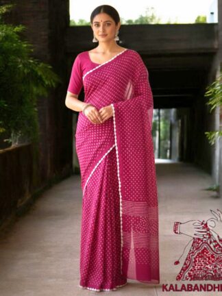 Pink Cotton Satin Bandhani Saree