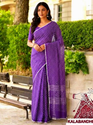 Purple Cotton Satin Bandhani Saree