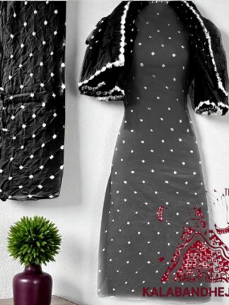 Gray Black Pure Cotton Bandhani Dress Material
