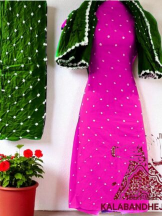 Green Pink Pure Cotton Bandhani Dress Material