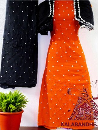 Black Orange Pure Cotton Bandhani Dress Material