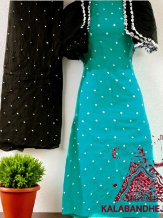 Black Aqua Rama Pure Cotton Bandhani Dress Material