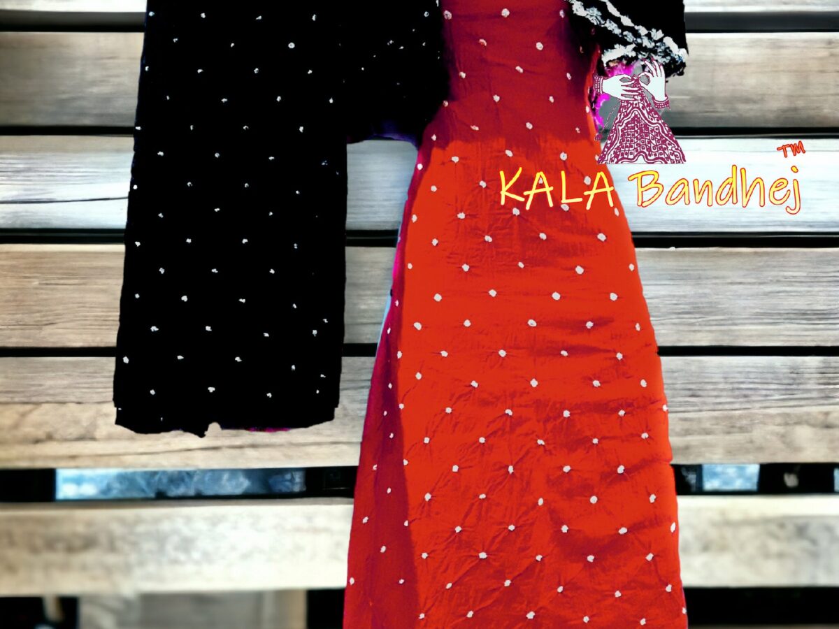 Black Red Cotton Bandhani Dress Material Bandhani KaLa Bandhej