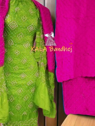 Parrot Pink Bandhani Dress Material Pure GajiSilk