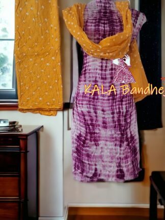 Yellow Magenta Shibori Bandhani Dress Material Pure Modal Silk