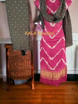 Pink Grey Leheriya Bandhani Shibori Dress Material