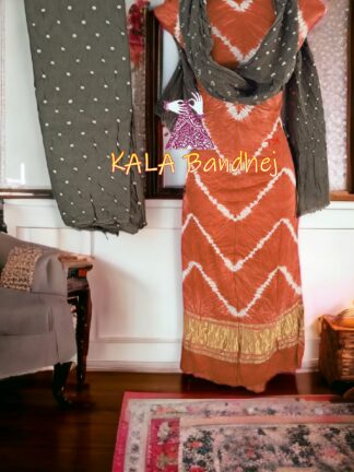 Rust Grey Leheriya Bandhani Shibori Dress Material