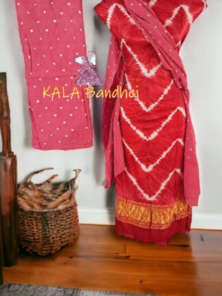 Red Pink Leheriya Bandhani Shibori Dress Material