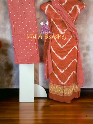 Rust Pink Leheriya Bandhani Shibori Dress Material