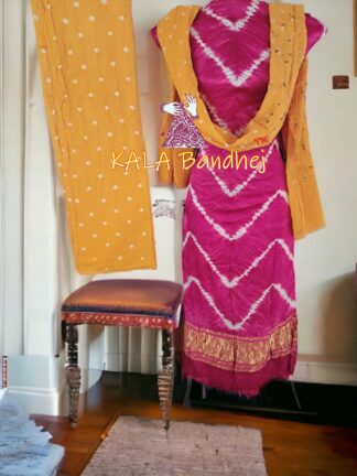 Pink Yellow Leheriya Bandhani Shibori Dress Material