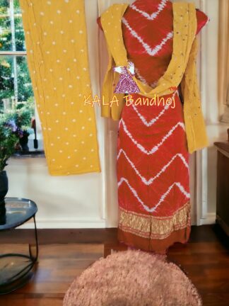 Orange Yellow Leheriya Bandhani Shibori Dress Material