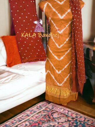 Mustered Maroon Leheriya Bandhani Shibori Dress Material
