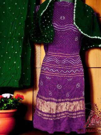 Magenta Green Bandhani Chandrakhani Dress Material Pure Gaji Silk
