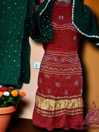 Red Green Bandhani Chandrakhani Dress Material Pure Gaji Silk